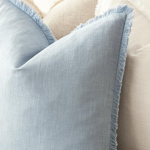 Image of Foindtower Set of 2 Decorative Linen Fringe Throw Pillow Covers Boho Farmhouse Cushion Cover with Tassels Soft Accent Pillowcase for Couch Chair Sofa Bed Living Room Home Decor,24x24 Inch,Sky Blue