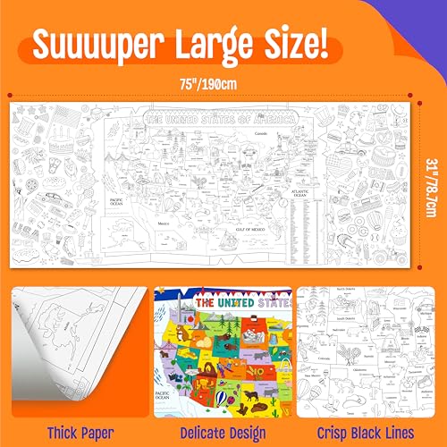 Image of American Coloring Poster, Large Coloring Activity Paper 75 inch x 31 inch Jumbo Size US Map-themed Paper DIY Painting Drawing Banner /Tablecloth for School, Wall Decor (75 inch x 31 inch)