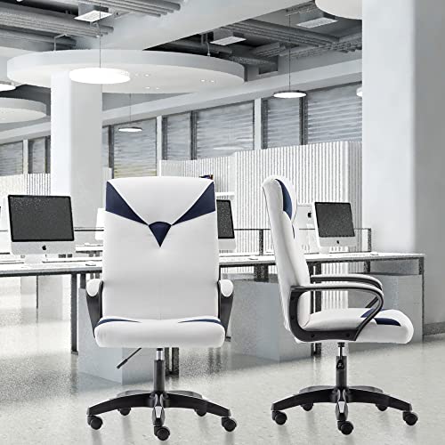 Ergonomic Office Chair Adjustable High Back Office Chair Leather Swivel Chair With Arm Wheels, Blue And White Office Desk Chair For Heavy People Adults #TOP7