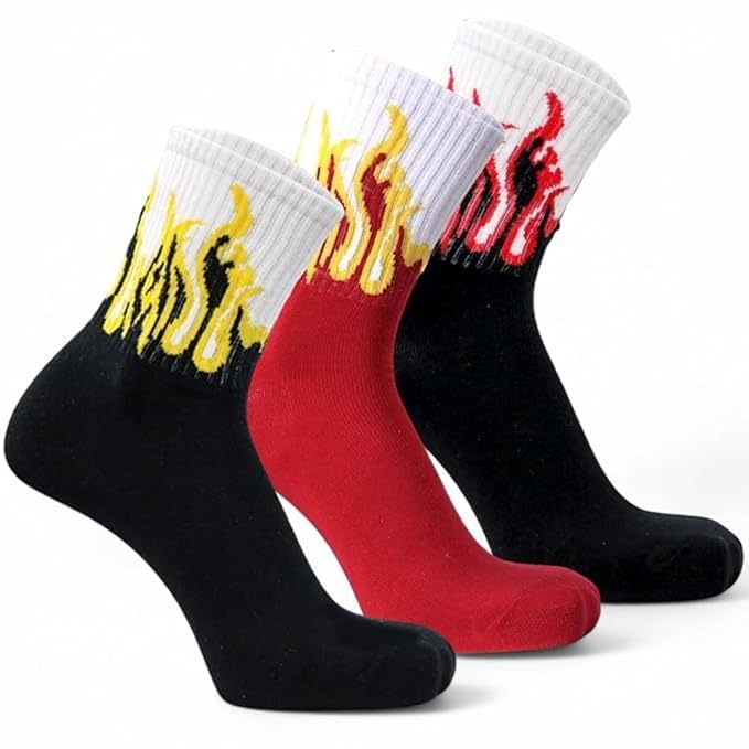 Image of 7 Pairs Pure Premium Cotton Socks Men & Women Calf Length Crew Flame Pattern Vibrant Colors, Full Length Comfort Stretchable Free Size Anti Odur Sweat Free Anti Slip