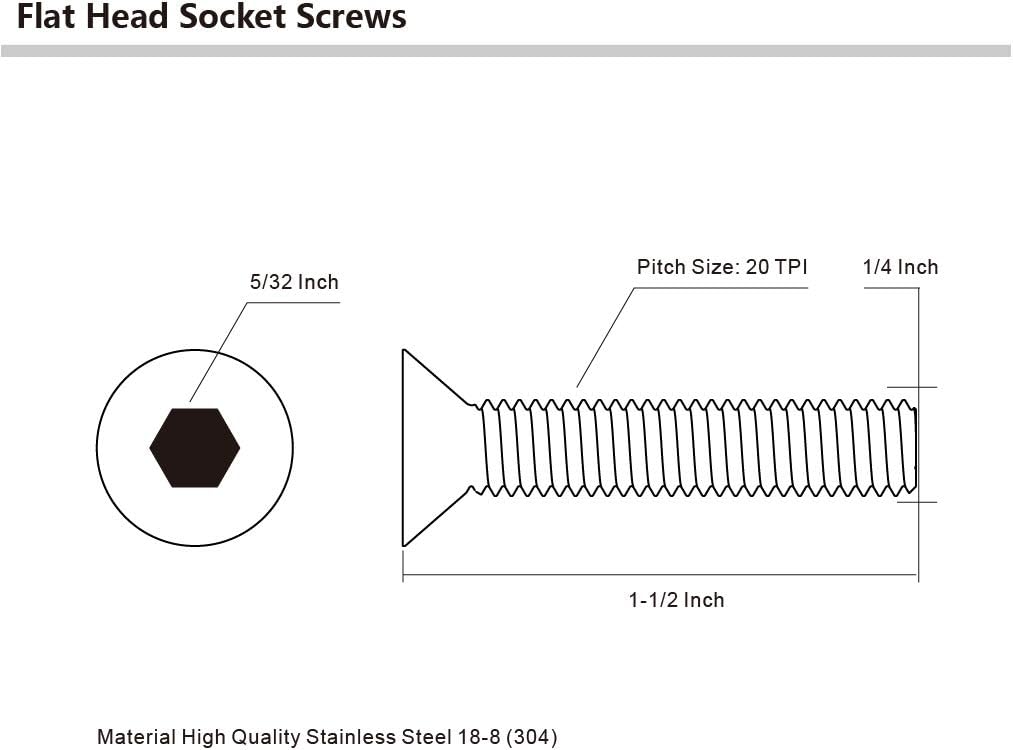 1/4-20 x 1-1/2" Flat Head Socket Cap Screws, Allen Socket Drive, 304 Stainless Steel 18-8, Fully Threaded, Bright Finish, 25 PCS