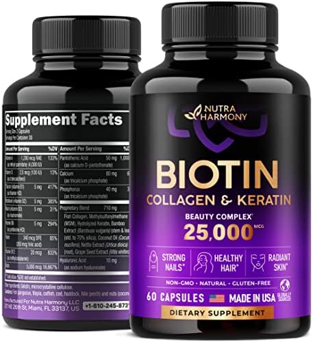 Biotin Vitamins with Collagen & Keratin - Hair Growth Supplement for Women & Men - 25000 mcg Pills - Made in USA - B1,B2,B3,B6,B7 Complex - Healthy ...
