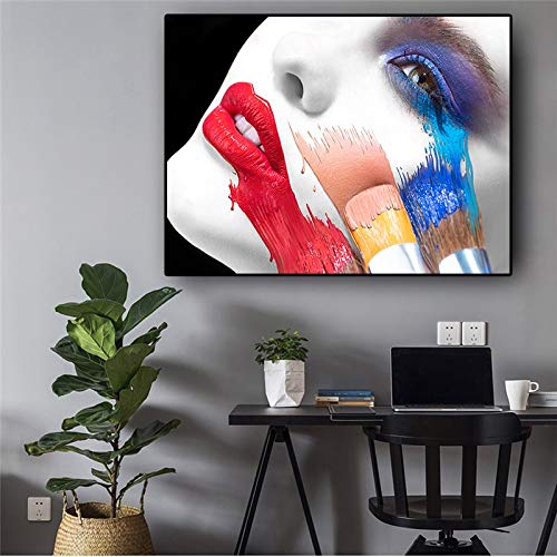 hetingyue Resumen Mujer Figura Moda Encantador Labios Rojos Cartel e impresión Mural Pintura sobre Lienzo en Sala Pintura al óleo 40x60cm