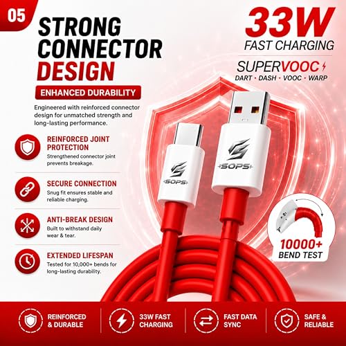Image of 33W Compatible With oneplus cable type c original | USB To Type C Cable Fast Charging | Red Colour Compatible with OnePlus Cable | SuperVooc Wrap Dart Vooc Supported Cord