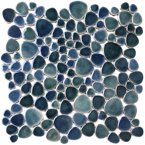 Blujellyfish Pebble Tiles for Shower Floor Gradient Deep Blue Teal & Grey Bathroom Mosaic Tile (Pack of 5 Sheets) Cover