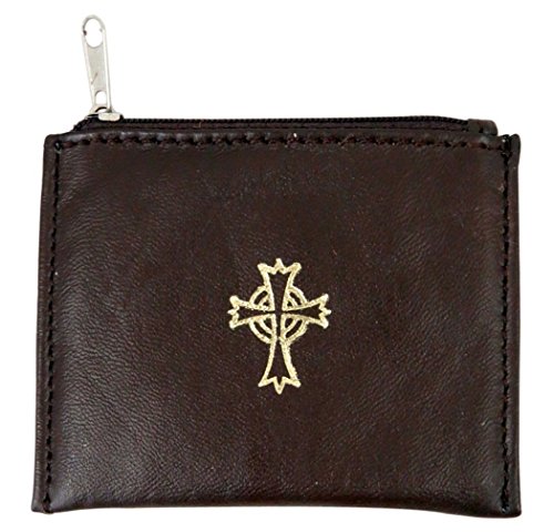 Genuine Leather Lined Rosary Case with Celtic Cross Crucifix, Brown, 3 3/4 Inch