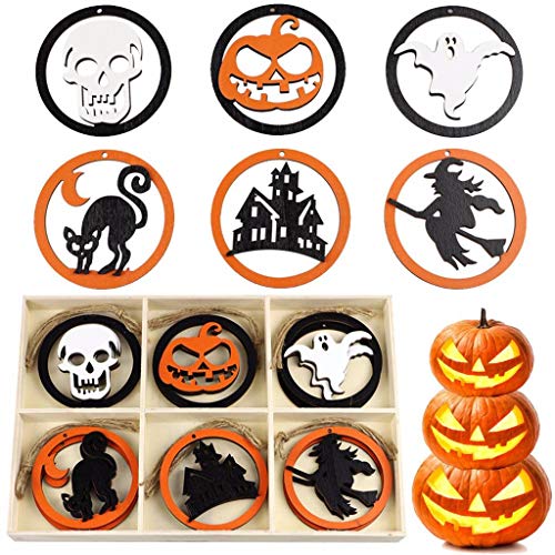 Mcree 18 adornos de madera de Halloween en 6 patrones + 18 cuerdas, trozos de madera para colgar etiquetas en calabaza/fantasma/castillo/bruja de civet, decoración de pánico, paquete en caja