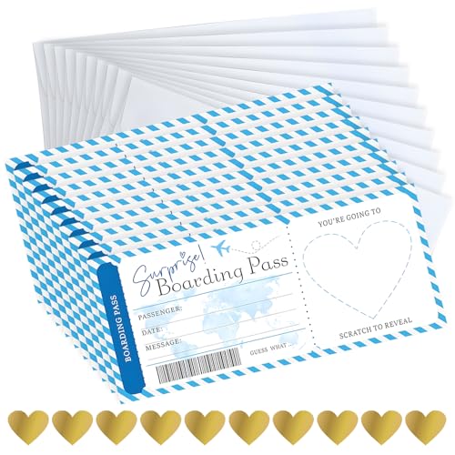 SUMCNU 10 Pcs Carte a Gratter Voyage Surprise,Billet Avion Personnalisable Avec Enveloppe,Carte D'embarquement,Faux Billet Avion DIY Tickets Cadeaux,Cadeau Personnalisée Pour Anniversaire(Bleu)