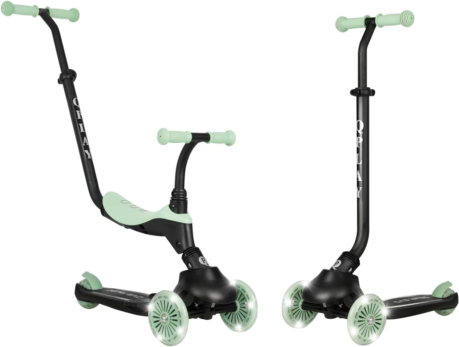 QPlay Toddler Scooter Ages 1 to 6 | Up to 110 Lbs | Kick Scooter with Adjustable Push Handle Height, Lights on Deck & 3 Wheels, Kids Ages 2 to 5 Boys & Girls Gifts (Violet) Green