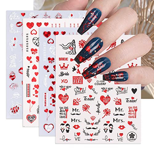 Valentine’s Day Heart Nail Art Stickers Red Glitter Heart Nail Decals 3D Self-Adhesive Nail Art Supplies Love Rose Letter Design Valentines Manicure Tips Acrylic Nails Diy Decoration For Women 6 Sheets #TOP3