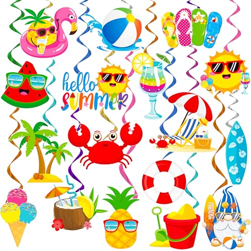 Image of Summer Beach Pool Party Hanging Swirls Hello Summer Party Decoration 20pcs Beach Pool Themed Swirl Ceiling Summer Party Hanging Streamer for Hawaii Beach Pool Party Baby Shower Supplies