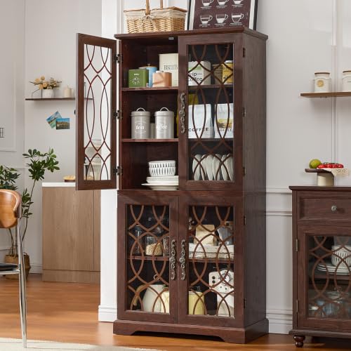 Image of Joaxswe 67 inch Tall Pantry Cabinet Set of 2, Vintage Kitchen Pantries Cabinets with Glass Doors & Adjustable Shelves, Wood Cupboard with Large Storage for Dining Room, Bathroom, Walnut