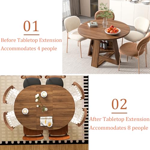 43.3in-59in Extendable Round Dining Table for 4-8,Modern Kitchen Oval Dining Table with Removable Leaves Space Saving,Wood Base with Storage Shelf for Kitchen Living Room (Walnut) - Thumbnail 6