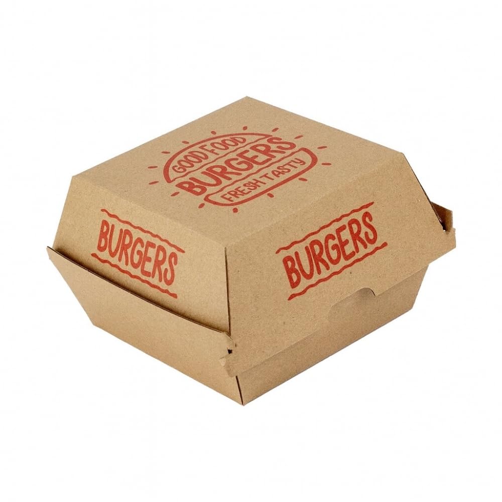 Commerline Hamburgerboxen Tamaño M | 150 Unidades, Marrón | Caja de Hamburguesa Desechable Para Llevar | Cajas de Cartón para Comida para Llevar, Comida Rápida y Servicio A Domicilio
