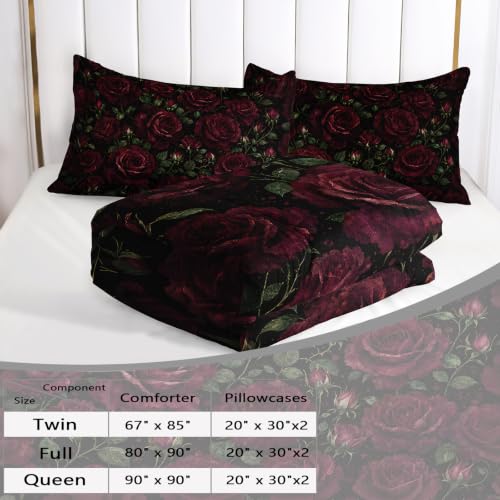 Image of AILONEN Midnight Rose Full Duvet Set 3 Piece, 1 Comforter + 2 Pillowcases, Wine Red Petals Dark Botanical Lattice Moody Garden Pattern for Victorian Guest Room