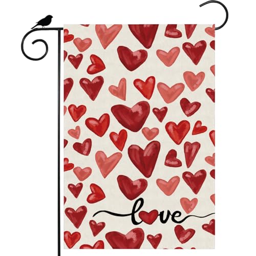 ZAEW Valentine’s Day Watercolor Red Love Hearts Garden Flag Yard Flag 12x18 Inch Double Sided Small Mini Yard Outdoor Outside Holiday Decoration
