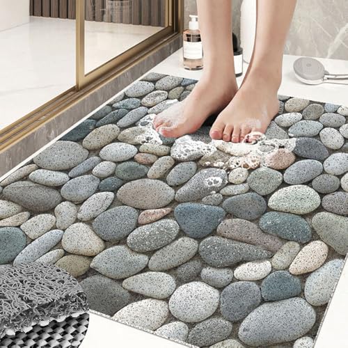 Surwin Tappetino da Doccia Antiscivolo, Modelli di Piastrelle Tappetino da Bagno in Luffa PVC Morbida Tappeto Antiscivolo con Scarico Lavabile Asciugatura Rapida Doccia (Pietra,60x90cm)