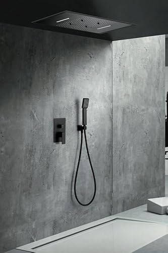 IMEX - Douche encastrée plafond noir mitigeur | Kit de robinetterie encastrée avec douchette et pommeau anticalcaire effet pluie | Colonne de douche encastrée avec robinet en laiton et acier