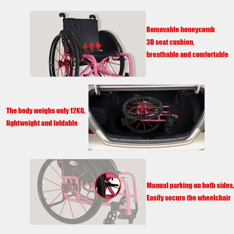 Ultra Light Sports Wheelchair, Self-Propelled Transport Wheelchair Lightweight Foldable, Travel Wheelchair with Anti-Tilt Wheels, 24 Inch Pneumatic Shock-Absorbing Tires, Height Adjustable(Color:A,Siz