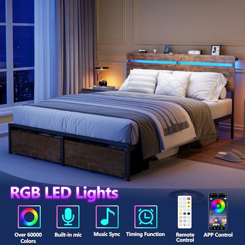 Image of Forestell Queen Bed Frame with Wood Headboard, Metal Platform Bed with 2 Storage Drawers & Shelf, Built-in Charging Station & LED Lights, No Box Spring Needed, Vintage Brown, Cama Queen Size