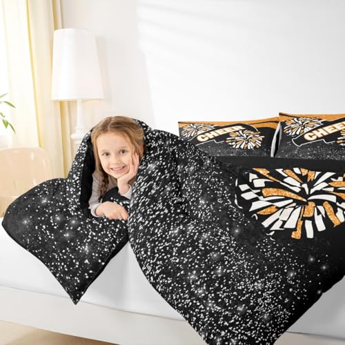 Image of Feelyou Orange Glitter Cheer Comforter Set Toddler Size Dreamy Girly Gymnastic Sports Comforter for Kids Boys Girls Gymnastics Lovers Bedding Set Cheer Sports Duvet Set Room Decor Quilt Set