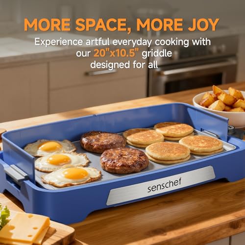 Image of Cleansnap Everyday Electric Griddle,The Ultimate Gift for Family Feasts - 20 inch Nonstick Grill with Foldable Anti-Mess Shield, Rapid 1700W Heat&PPG Ceramic Coating, Dishwasher Safe, Ocean Blue