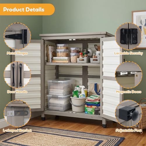 Image of PetsCosset Weatherproof Outdoor Storage Cabinet with Lockable Doors, Wooden & Plastic Garden Patio Storage Box with Adjustable Shelves for Tools, Toys, Pool Accessories, Lawn Equipment