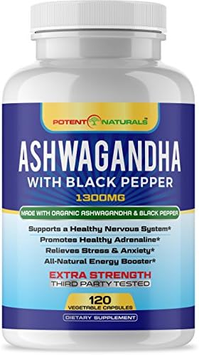 Potent Naturals Ashwagandha 1300mg 120 Vegetable Capsules - Organic Root Powder Extract with Black Pepper - Thyroid, Anxiety Relief, Adrenal, Cortisol Support - Non-GMO, Soy, Gluten-Free