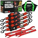 Rhino USA Retractable Ratchet Straps (4-Pack) - 2 Inch x 10 Feet (3,033lb Break Strength) - Heavy Duty Auto Self Retracting Tie Down Straps for Truck, Cargo Trailer, Motorcycle, Rad & More - Red