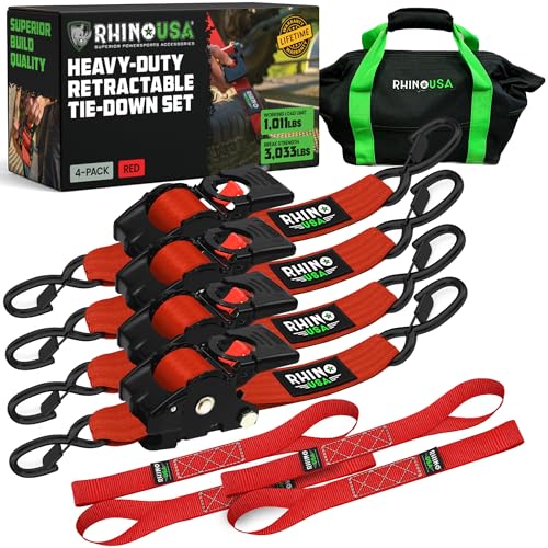 Rhino USA Retractable Ratchet Straps (4-Pack) - 2 Inch x 10 Feet (3,033lb Break Strength) - Heavy Duty Auto Self Retracting Tie Down Straps for Truck, Cargo Trailer, Motorcycle, Rad & More - Red