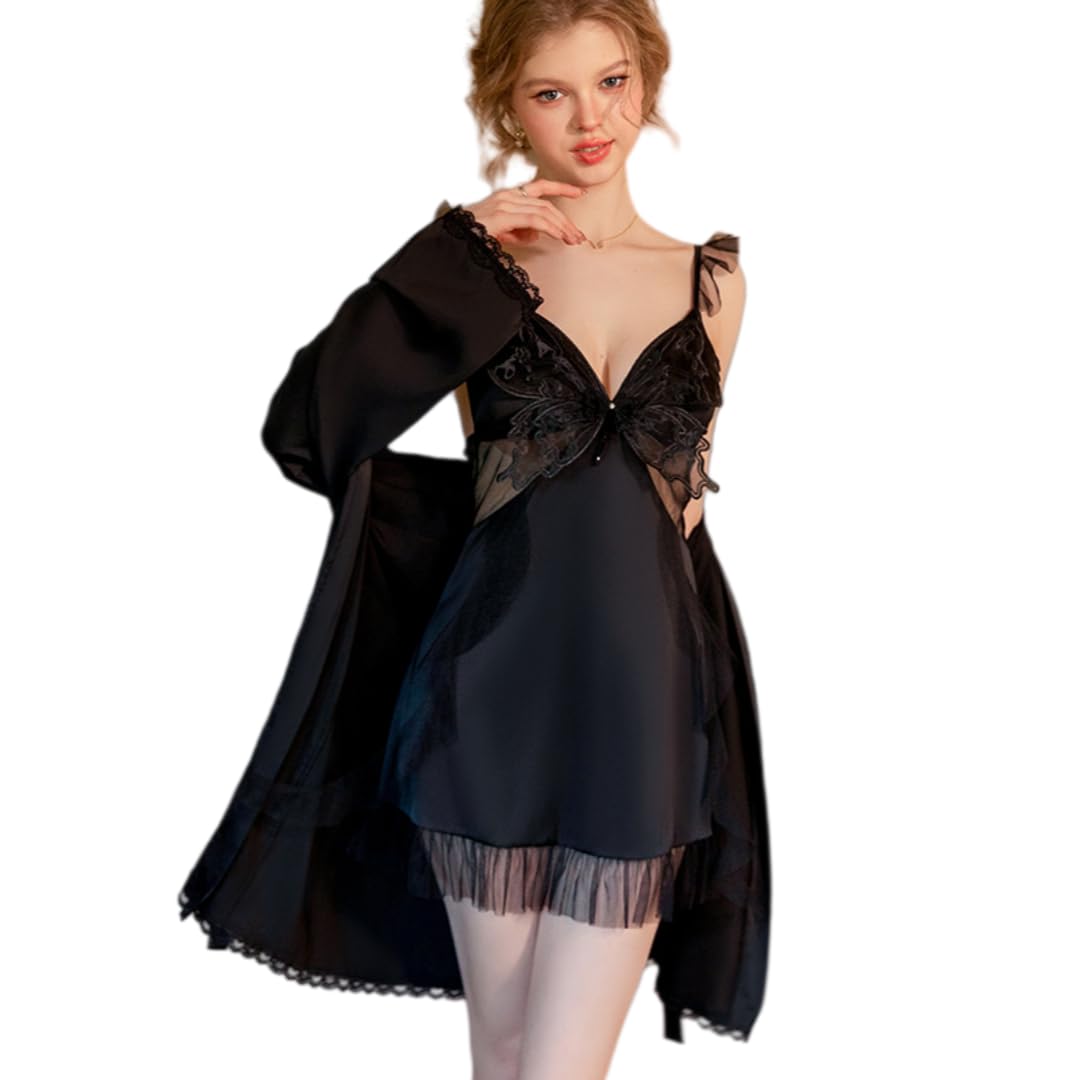 Salto De Cama Conjunto De Vestido Lencero/Bata De Seda con Mangas Acampanadas Y Fruncido, Escote En V Profundo.