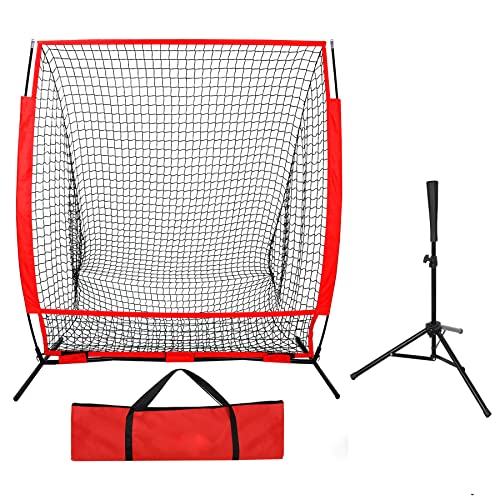 Smartxchoices 5'x5' Baseball Softball Practice Net with Carry Bag + Baseball Tee Stand, Portable Pitching Hitting Batting Catching Throwing Net Toss Backstop Training Combo Equipment