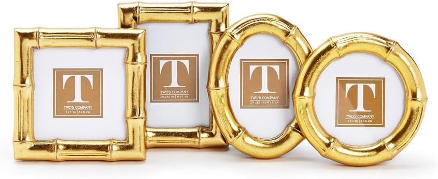 Two's Company 4 Assorted Antique Gold Faux Bamboo Photo Frame Set - 3" Mini Picture Frames, Resin