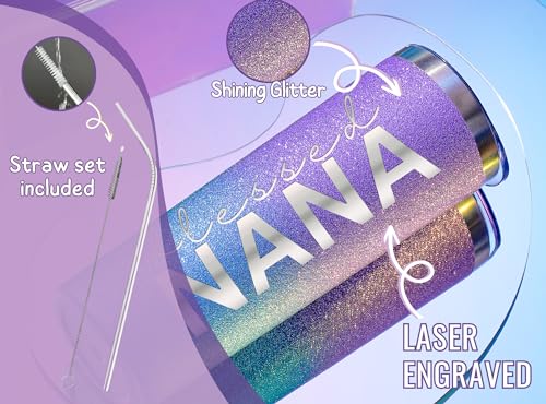 Image of Onebttl Christian Grandma Gifts for Mother's Day, 20oz Purple & Blue Glitter Skinny Tumbler, Straw & Lid Included, Nana Gifts - Blessed Nana