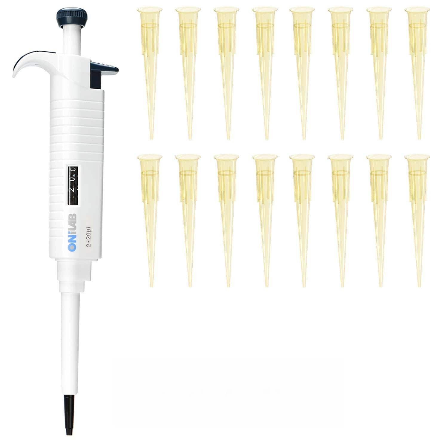 ONiLAB 2-20ul Lab Micropipette with 1000 PCS Pipette Tips 200ul， Single Channel Pipette,Adjustable Volume Pipette, Micro Pipettes, High Precision Pipettor with Clear Yellow Pipettor Tips