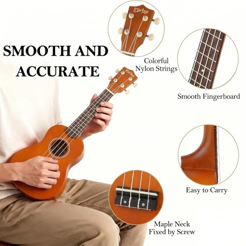 Image of Everjoys Soprano Ukulele Beginner Kit 21 Inch w /Free Online Lesson Gig Bag Tuner Picks Strap, Fast to Learn (Honey)