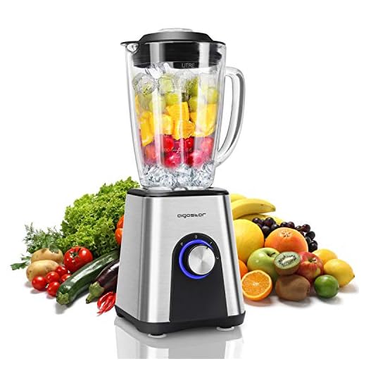Aigostar Archer - Batidora de vaso, 1200W, vaso de cristal 1,8L, 6 cuchillas (diseño 3D) de acero inoxidable 304, función Pulse, 2 velocidades. Pica hielo. Tapón dosificador. Libre de BPA.