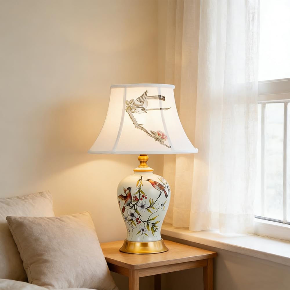 Lámpara de mesa de Cerámica Dormitorio Dormitorio lámpara Moderna estilo americano europeo E27 Lámpara de Noche Dormitorio Lámpara de Escritorio pájaro flor Lámpara De Cabecer salón Estudio (Blanco)