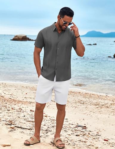 Image of COOFANDY Mens Cuban Guayabera Shirt Short Sleeve Button Down Shirts Summer Beach Vacation Shirts