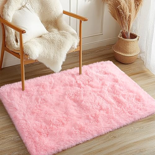 2x3 Fluffy Pink Area Rug - Soft Cute Shag Fuzzy Rug for Bedroom - Anti-Skid Living Room Girls Rug Pink Home Decor