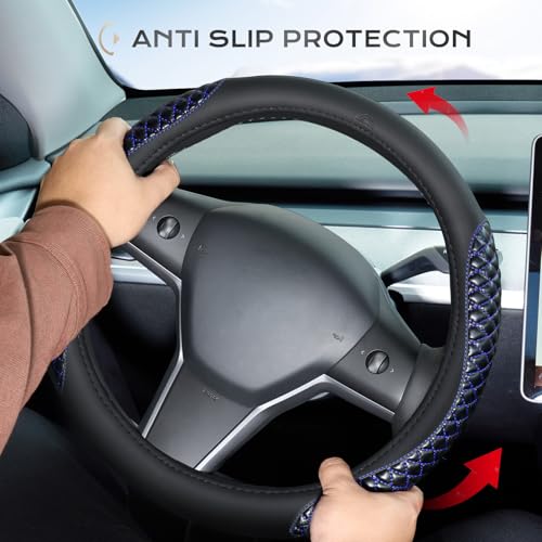 Image of Coverado Car Steering Wheel Cover, Nappa Leather Black & Blueline Steering Wheel Covers, Universal 14-15 inch, Anti-Slip, Breathable Steering Wheel Protector for Women Men