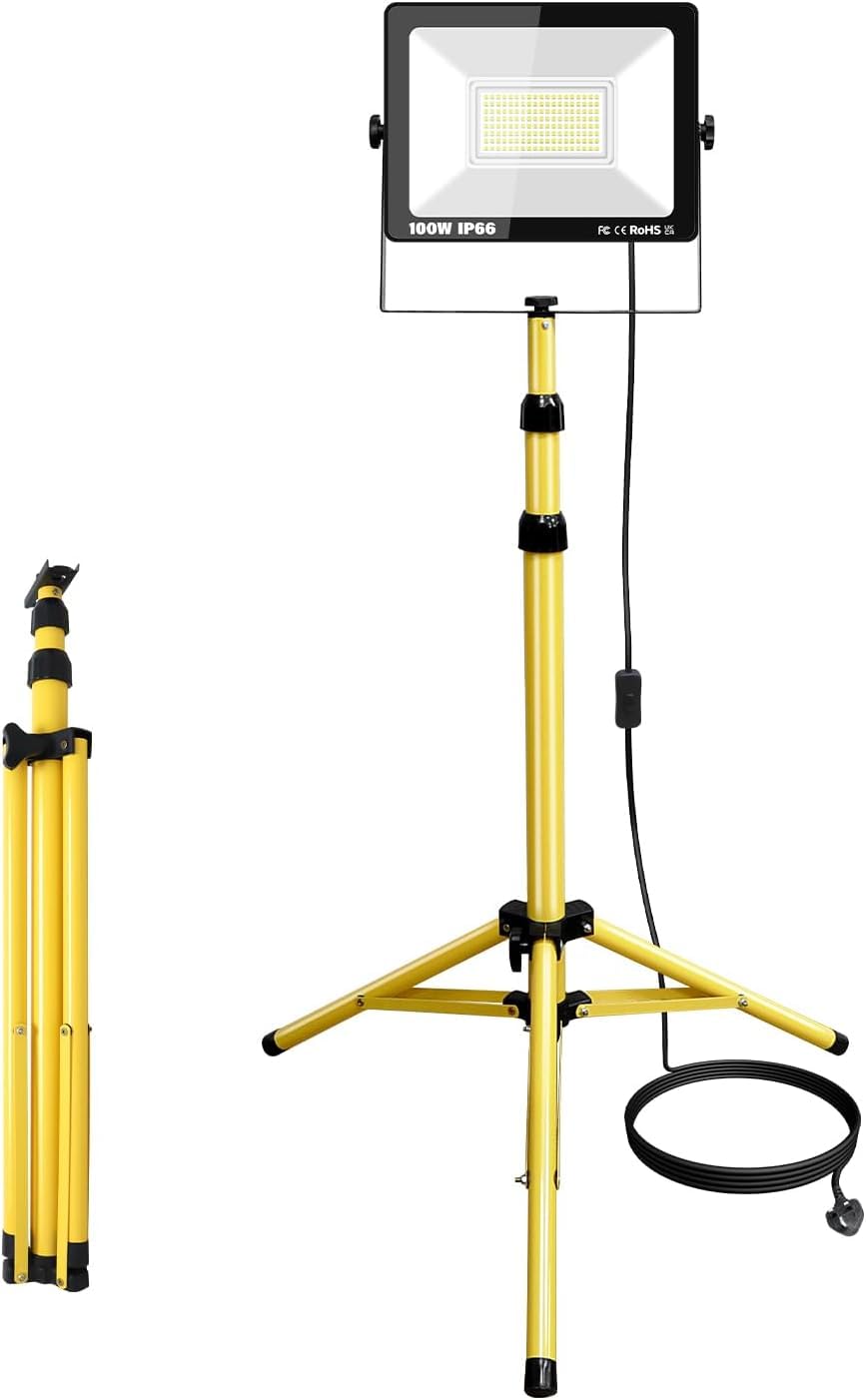 YOJZMA 100W Tripod LED Construction Spotlight 10000lm Portable LED Work Light and 5m Cable 6000 K Flood Light for workshops garages Gardens Construction Site Lighting [Energy Class E]