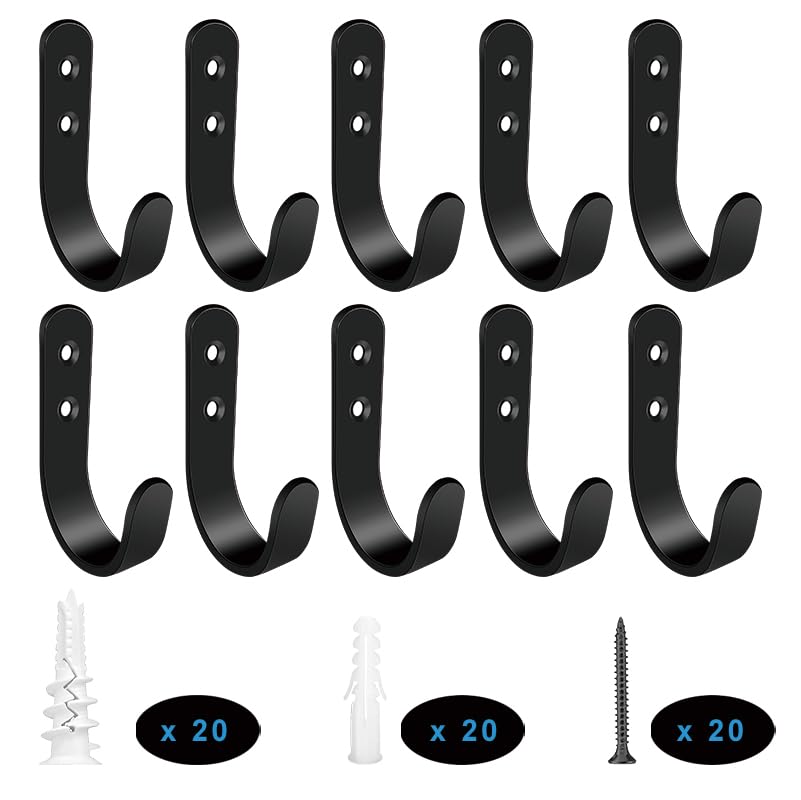 JUGEFORNI Wall Hooks 6 Pcs,Coat Hooks,Garage,Bathroom Kitchen Dining Room,Heavy Duty,Indoor and Outdoor Hooks,for Hanging Hat,Towel,Key(Black). (L Arc, Count, 10)