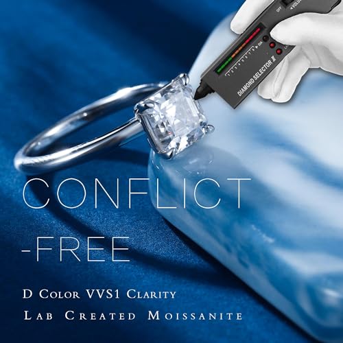 MOOSEA Moissanite Rings for Women, 2ct D Color VVS1 Clarity Asscher Cut Solitaire Lab Created Moissanite Ring 14K White Gold Vermeil 925 Sterling Silver Moissanite Engagement Rings for Women Size 4-112