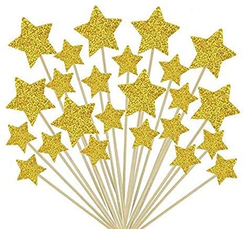 Décoration Gâteau,50 Pack Baguettes de Décorations Cupcake Toppers avec Etoile Cake Toppers Star pour Mariages Anniversaires Fêtes Pics à Fruits Nourriture Baguette Or 9.2CM