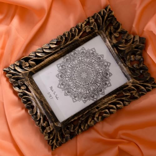Image of Wooden Photo Frame for Wall Hanging and Tabletops Display | 5 x 7 Hand Carving Picture Frame | Wood Carving Antique Photo Frame for Wall Decorationg Gifting Home Decor (Antique Golden)