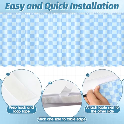 Image of 9FT Blue Checkered Table Skirt Ruffle Colorful Teacher Desk Skirts for Classroom Decorations Rectangle Table Cover Skirt for Back to School Party Supplies Kindergarten Office Dorm Bookcase Cabinet