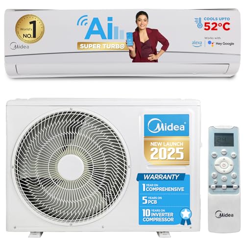 Image of Midea 2 Ton 3 Star AC, Smart Wi-Fi AI Inverter Split AC (100% Copper, Convertible 4-in-1 Cooling at 52℃, HD Filter with Auto Cleanser, SANTIS NEO RYL(Wi-Fi), MAI24SD3R34W0,White)