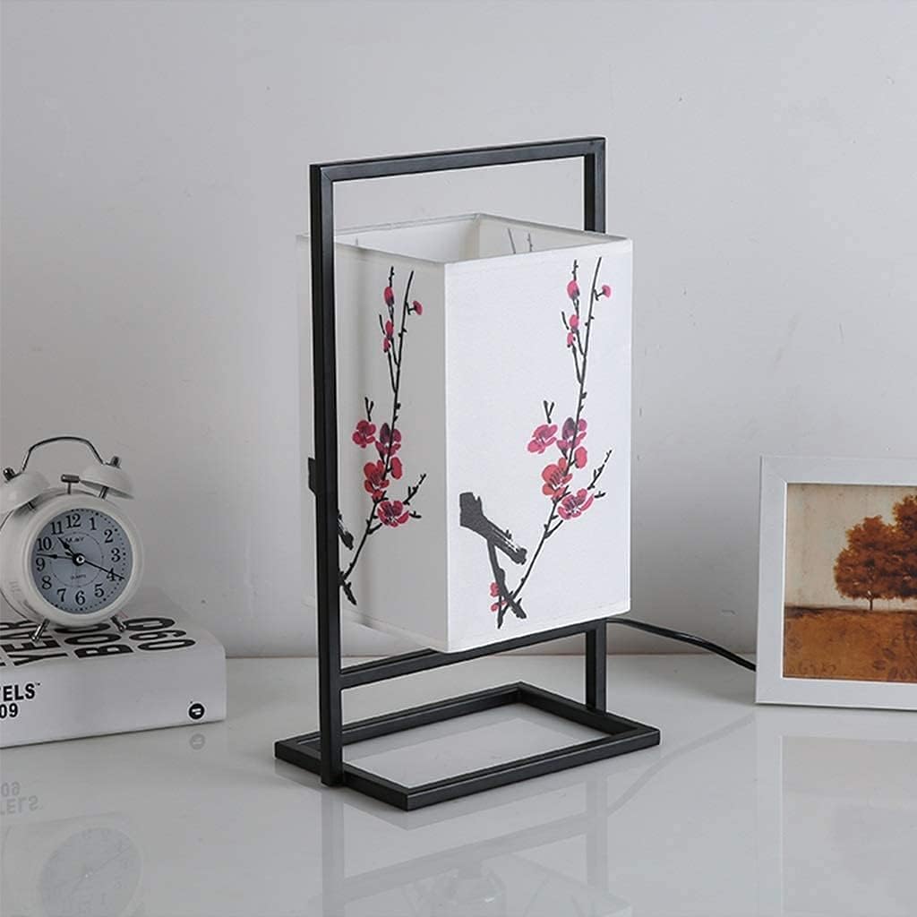 Lampada Da Comodino Camera Letto Giapponese Lampada Scrivania Industriale Con Struttura Metallo Nero Lampada Tavolo Paralume Quadrato Tessuto (interruttore A Pulsante, Fiore Di Prugna)