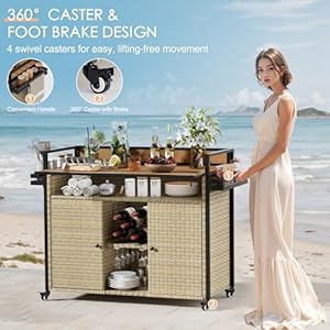 XL Outdoor Kitchen Wicker Rolling Bar Cart with Storage Cabinet & Extended Plastic Wood Table Top, Kitchen Island on Wheels for Patio Backyard Garden Poolside, Double Handle Design, Brown XL Outdoor Kitchen Wicker Rolling Bar Cart with Storage Cabinet Extended Plastic Wood Table Top Kitchen Island on Wheels for Patio Backyard Garden Poolside Double Handle Design Brown